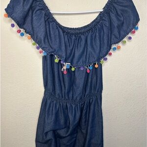 Off The Shoulder Medium Wash Dress With Colorful Tassel